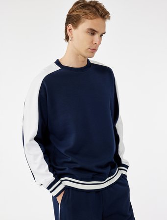 Pamuklu Renk Kontrastlı Uzun Kollu Bisiklet Yaka Sweatshirt