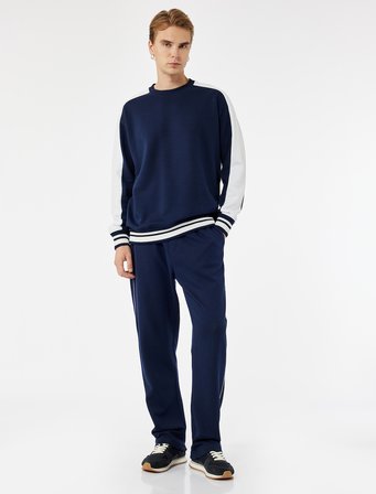Pamuklu Renk Kontrastlı Uzun Kollu Bisiklet Yaka Sweatshirt