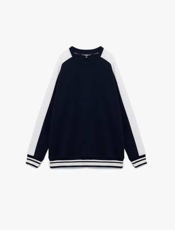 Pamuklu Renk Kontrastlı Uzun Kollu Bisiklet Yaka Sweatshirt
