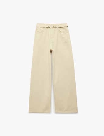 Pamuklu Yüksek Bel Kemerli Geniş Paça Pantolon - Wide Leg Jeans