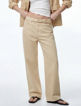 Pamuklu Yüksek Bel Kemerli Geniş Paça Pantolon - Wide Leg Jeans