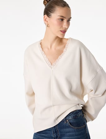 Uzun Kollu Dantel Detaylı V Yaka Sweatshirt