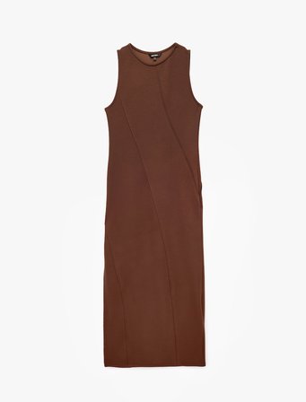 Viskon Karışımlı Slim Fit Yırtmaçlı Kolsuz Bisiklet Yaka Bodycon Kalem Uzun Elbise
