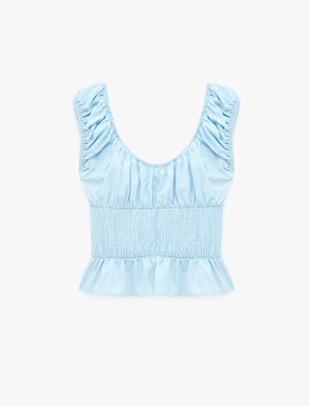 Pamuklu Slim Fit Kısa Balon Kol Bağlamalı Crop Bluz