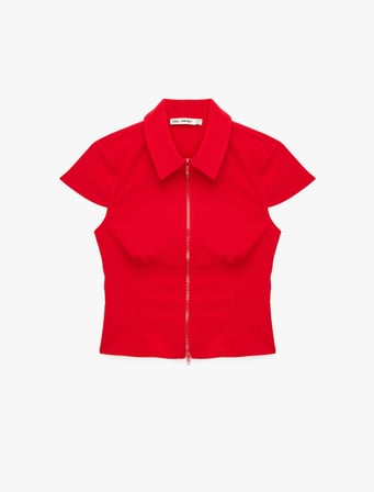 Slim Fit Kısa Kollu Klasik Yaka Fermuarlı Crop Gömlek