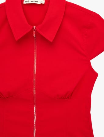 Slim Fit Kısa Kollu Klasik Yaka Fermuarlı Crop Gömlek