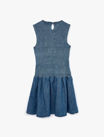 Pamuklu Kolsuz Bisiklet Yaka Gipeli Mini Denim Elbise