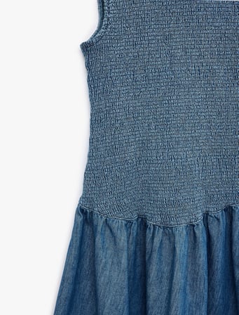 Pamuklu Kolsuz Bisiklet Yaka Gipeli Mini Denim Elbise