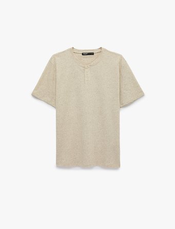 Keten Karışımlı Regular Fit Düğmeli Henley Yaka Kısa Kollu Tişört