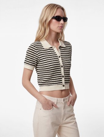 Slim Fit Düğmeli Polo Yaka Kısa Kollu Çizgili Triko Hırka