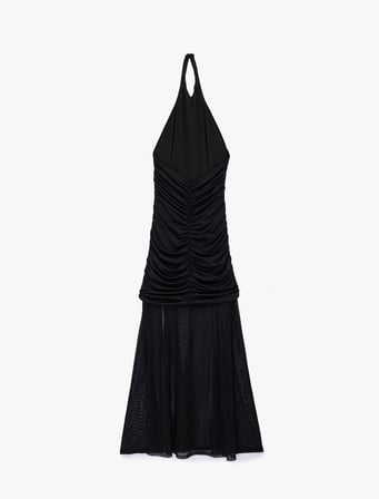 Slim Fit Drapeli Sırt Dekolteli Halter Yaka Tül Detaylı Uzun Elbise
