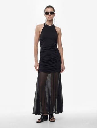 Slim Fit Drapeli Sırt Dekolteli Halter Yaka Tül Detaylı Uzun Elbise