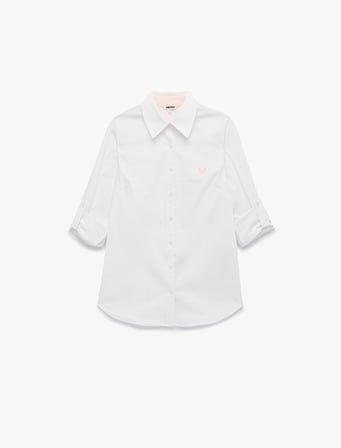 Pamuklu Slim Fit Kolları Katlama Detaylı İşlemeli Uzun Kollu Poplin Gömlek