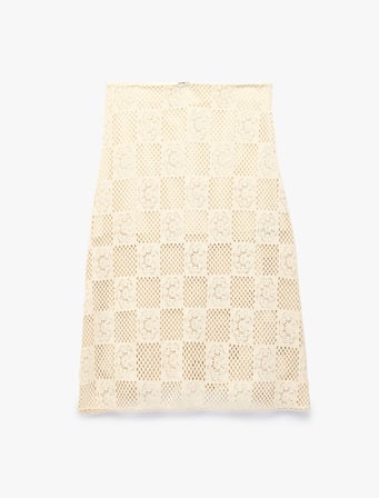 A Kesim Çiçek Motif Detaylı Ajurlu Kroşe Midi Etek