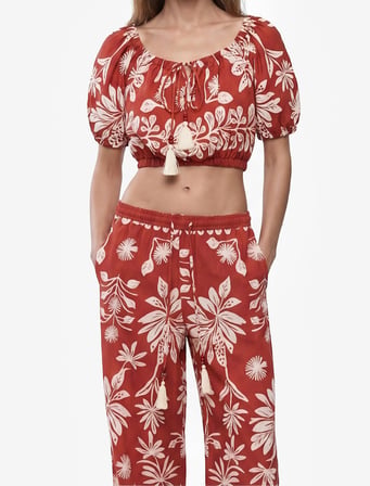 Viskon Salda Kumaş Cepli Floral Desenli Bol Paça Pantolon