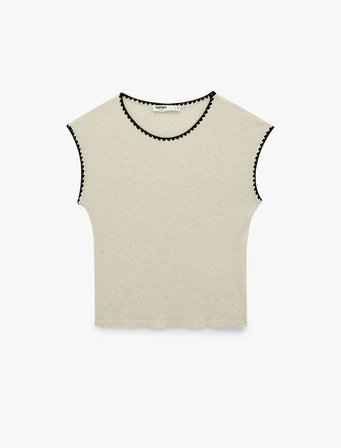 Keten Karışımlı Slim Fit Nakış Detaylı Bisiklet Yaka Kolsuz Tişört