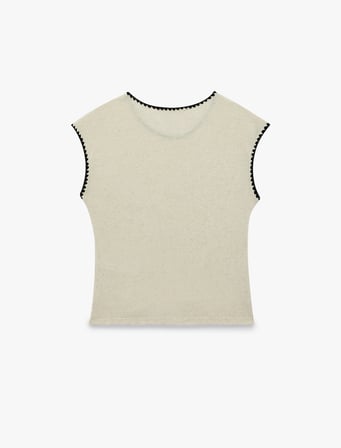 Keten Karışımlı Slim Fit Nakış Detaylı Bisiklet Yaka Kolsuz Tişört