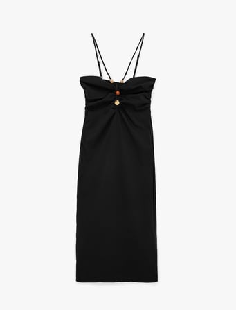 Slim Fit Büzgülü Boncuk Detaylı İp Askılı Midi Elbise