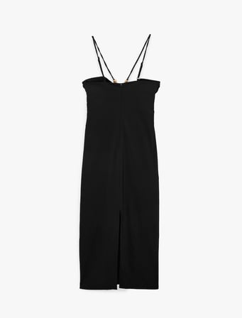 Slim Fit Büzgülü Boncuk Detaylı İp Askılı Midi Elbise