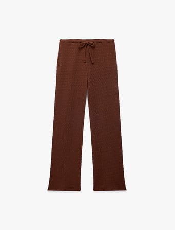 Bürümcük Kumaş Dokulu Beli Bağcıklı Düz Bol Paça Pantolon