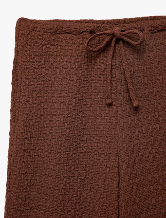 Bürümcük Kumaş Dokulu Beli Bağcıklı Düz Bol Paça Pantolon