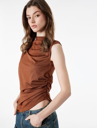 Slim Fit Asimetrik Kesim Drapeli Dik Yaka Bluz