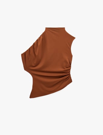 Slim Fit Asimetrik Kesim Drapeli Dik Yaka Bluz