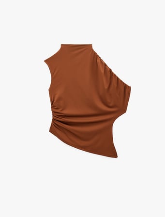 Slim Fit Asimetrik Kesim Drapeli Dik Yaka Bluz