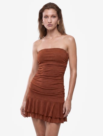 Slim Fit Drapeli Kat Kat Fırfırlı Straplez Mini Elbise
