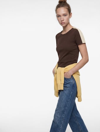 Slim Fit Kısa Kollu Bisiklet Yaka Renk Bloklu Tişört