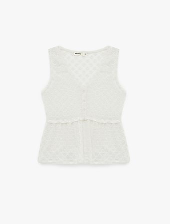 Slim Fit Kolsuz V Yaka Düğmeli Dökümlü Peplum Kesim Dantel Bluz