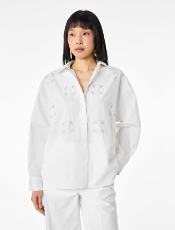 Pamuklu Uzun Kollu Boncuk Nakış Detaylı Poplin Oversize Gömlek