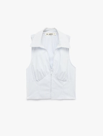 Pamuklu Fermuarlı Kolsuz Klasik Yaka Çizgili Crop Bluz