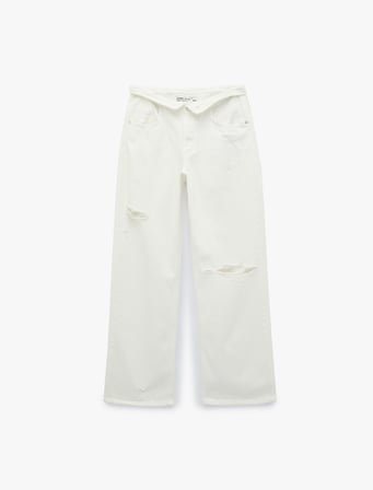 Beli Katlama Detaylı Pamuklu Bol Kalıp Yıpratılmış Baggy Denim Pantolon - Baggy Jeans