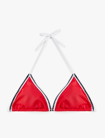 Renk Kontrastlı Kroşe Detaylı Üçgen Bikini Üstü