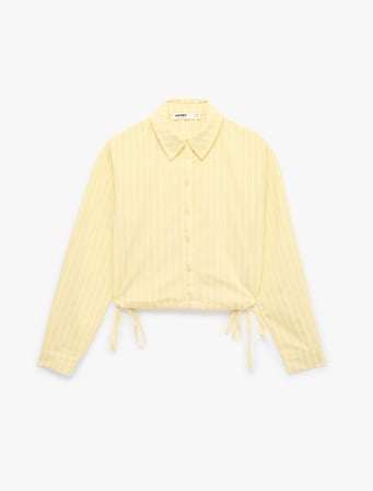 Koton X Sibil Çetinkaya - Uzun Kollu Büzgü Detaylı Çizgili Crop Gömlek