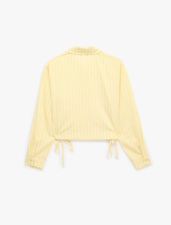 Koton X Sibil Çetinkaya - Uzun Kollu Büzgü Detaylı Çizgili Crop Gömlek