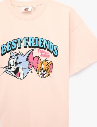 Tom ve Jerry Lisanslı Baskılı Rahat Kalıp Kısa Kollu Bisiklet Yaka Pamuklu Tişört