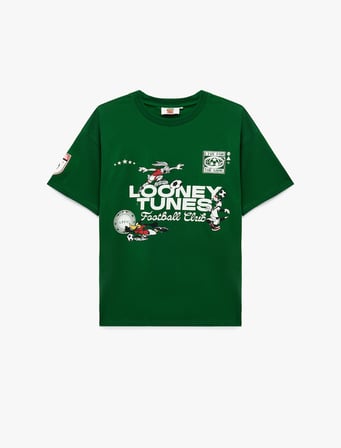 Looney Tunes Lisanslı Futbol Temalı Baskılı Bisiklet Yaka Kısa Kollu Tişört