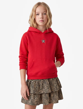 Yıldız Baskılı Uzun Kollu Şardonlu Kanguru Cepli Kapşonlu Sweatshirt