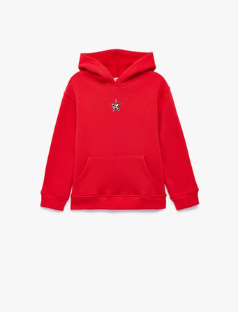Yıldız Baskılı Uzun Kollu Şardonlu Kanguru Cepli Kapşonlu Sweatshirt