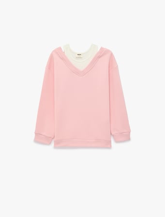 Katmanlı V Yaka Uzun Kollu Pamuklu Şardonlu Sweatshirt