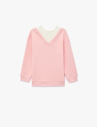 Katmanlı V Yaka Uzun Kollu Pamuklu Şardonlu Sweatshirt