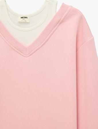 Katmanlı V Yaka Uzun Kollu Pamuklu Şardonlu Sweatshirt