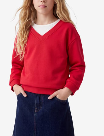 Katmanlı V Yaka Uzun Kollu Pamuklu Şardonlu Sweatshirt