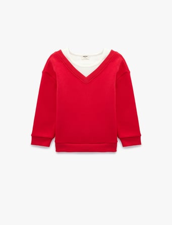 Katmanlı V Yaka Uzun Kollu Pamuklu Şardonlu Sweatshirt