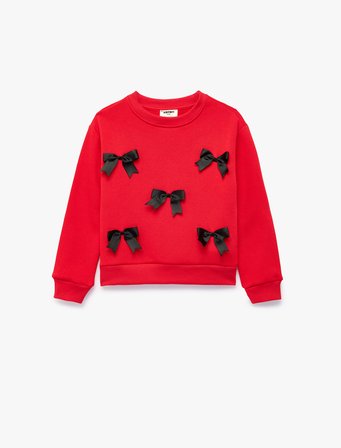 Fiyonklu Uzun Kollu Bisiklet Yaka Pamuklu Şardonlu Sweatshirt