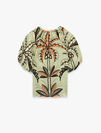 Viskon Bağcıklı Yuvarlak Yaka Karpuz Kollu Floral Oversize Bluz
