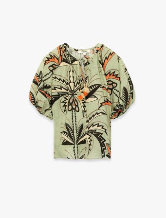 Viskon Bağcıklı Yuvarlak Yaka Karpuz Kollu Floral Oversize Bluz