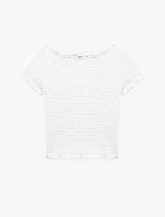 Bürümcük Kumaş Slim Fit Kısa Kollu Omzu Açık Kayık Yaka Bluz